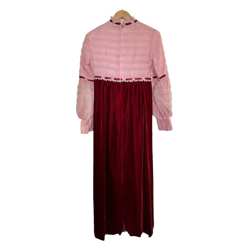 Vintage 1960's Juniors Formal Pink & Burgundy Long Dress Velvet & Nylon Size 7/8 - Picture 8 of 13